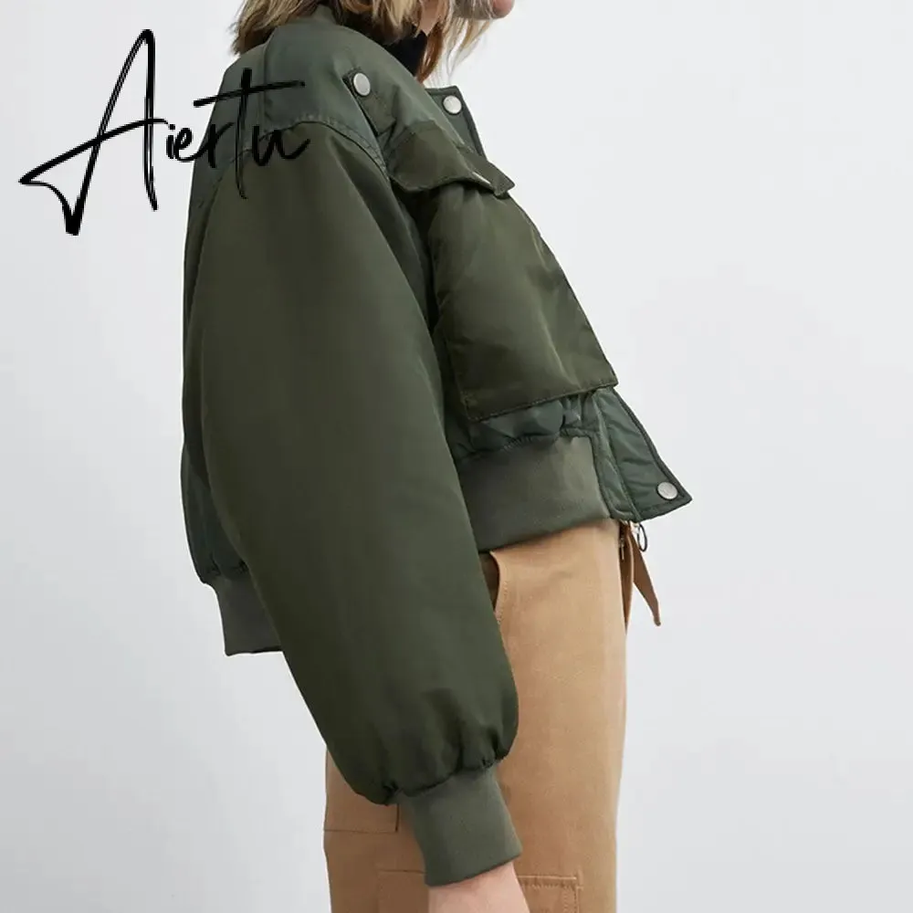 Aiertu  Winter Thicken Bomber Jacket Women Zipper Cropped Coat Long Sleeve Oversized Outwear Vintage Puffer Jackets Parkas