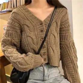 Autumn Winter Women's Cardigan Korean Style The Retro Solid Color V-neck Knitted Cardigan Loose Short Twist Sweater Coats     S2778