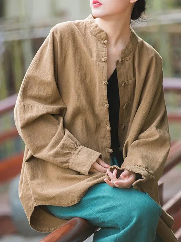 Batwing Sleeves Loose Chinese Frog Buttons Pleated Solid Color Split-Joint Stand Collar Blouses