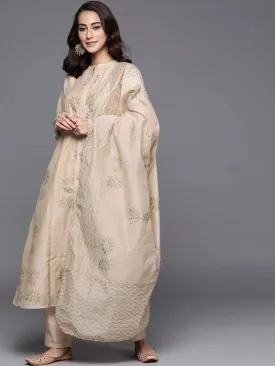 Beige Embroidered Chanderi Silk A-Line Kurta With Palazzos & Dupatta