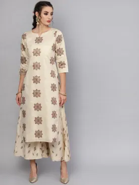 Beige Embroidered Chanderi Silk Straight Kurta With Palazzos