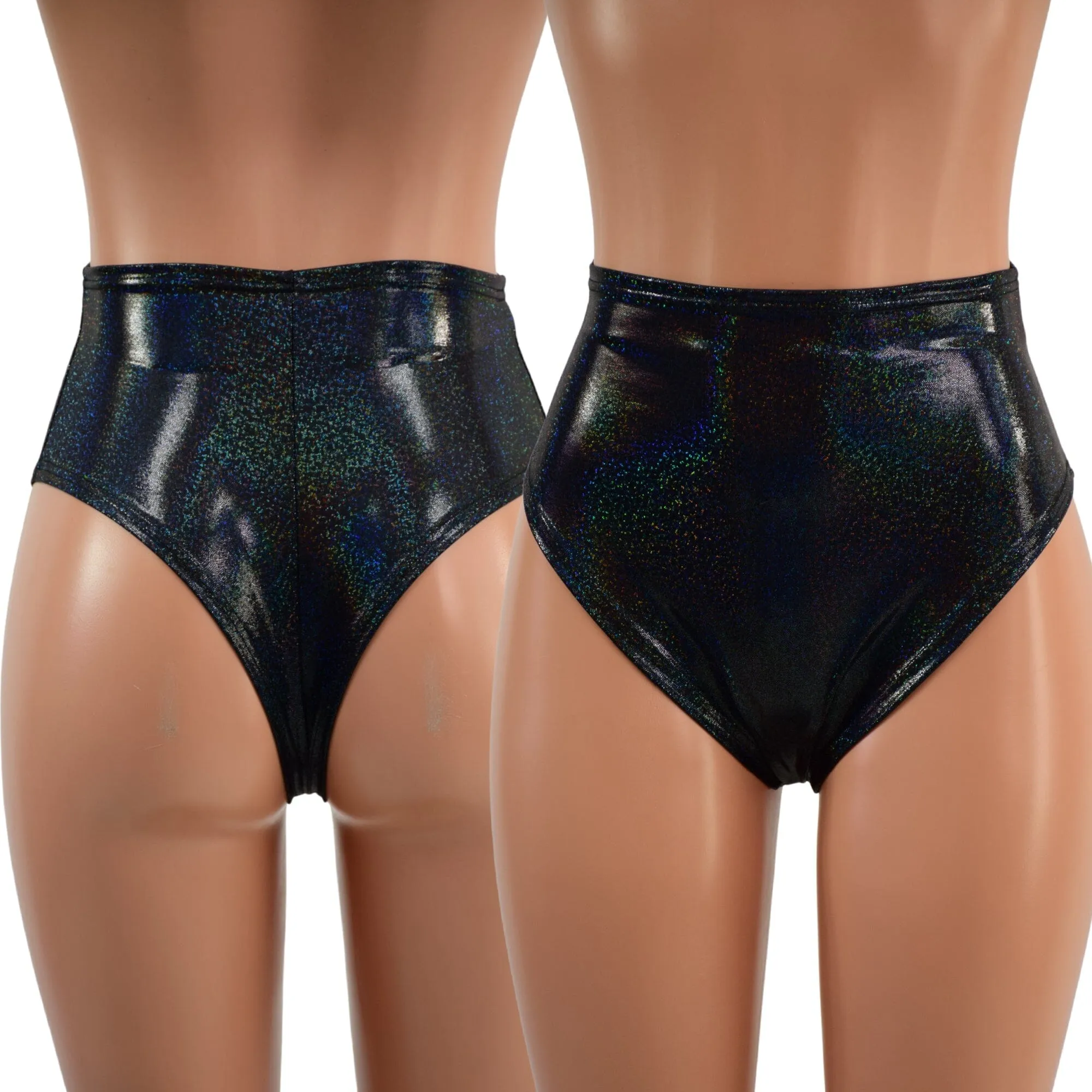 Black Holographic High Waist Siren Shorts with Brazilian Cut Leg