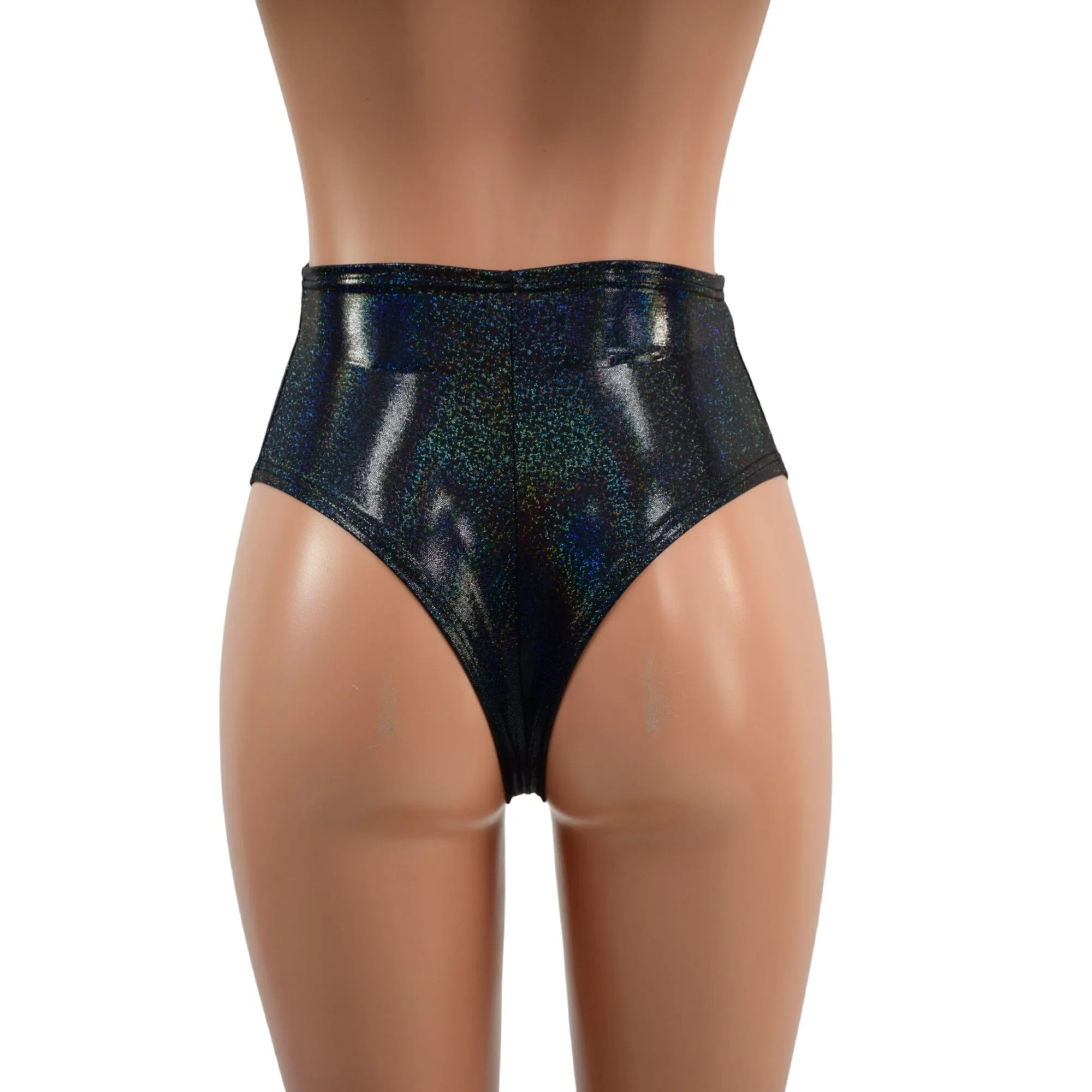 Black Holographic High Waist Siren Shorts with Brazilian Cut Leg