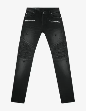 Black Ribbed Panel Destroyed Slim Biker Jeans