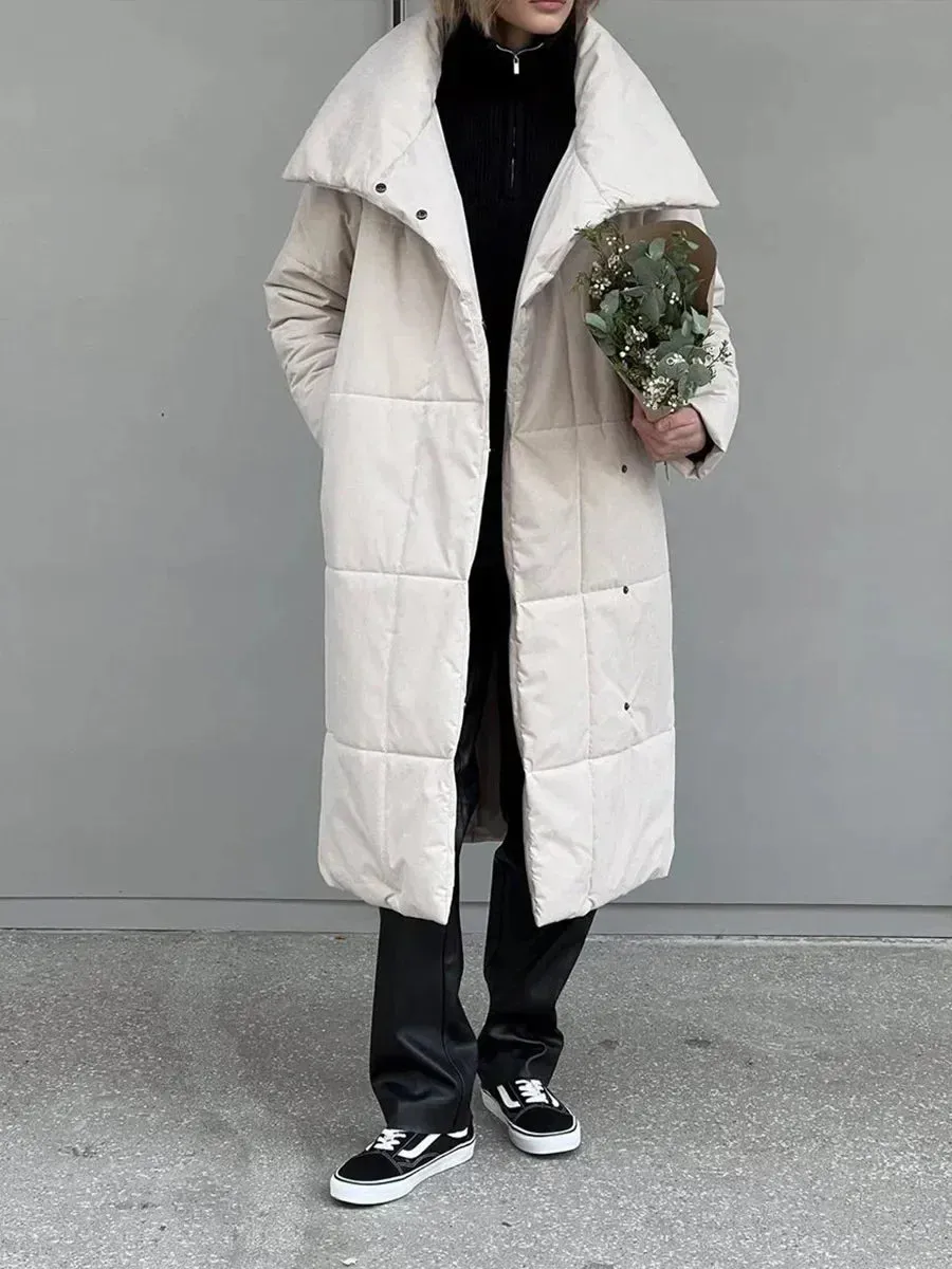 Bornladies Frauen Lose Steppjacken Parkas Wintermäntel Übergroße Warme Lange Gürtel Pufferjacken Damen Baumwolle Gefütterte Jacke