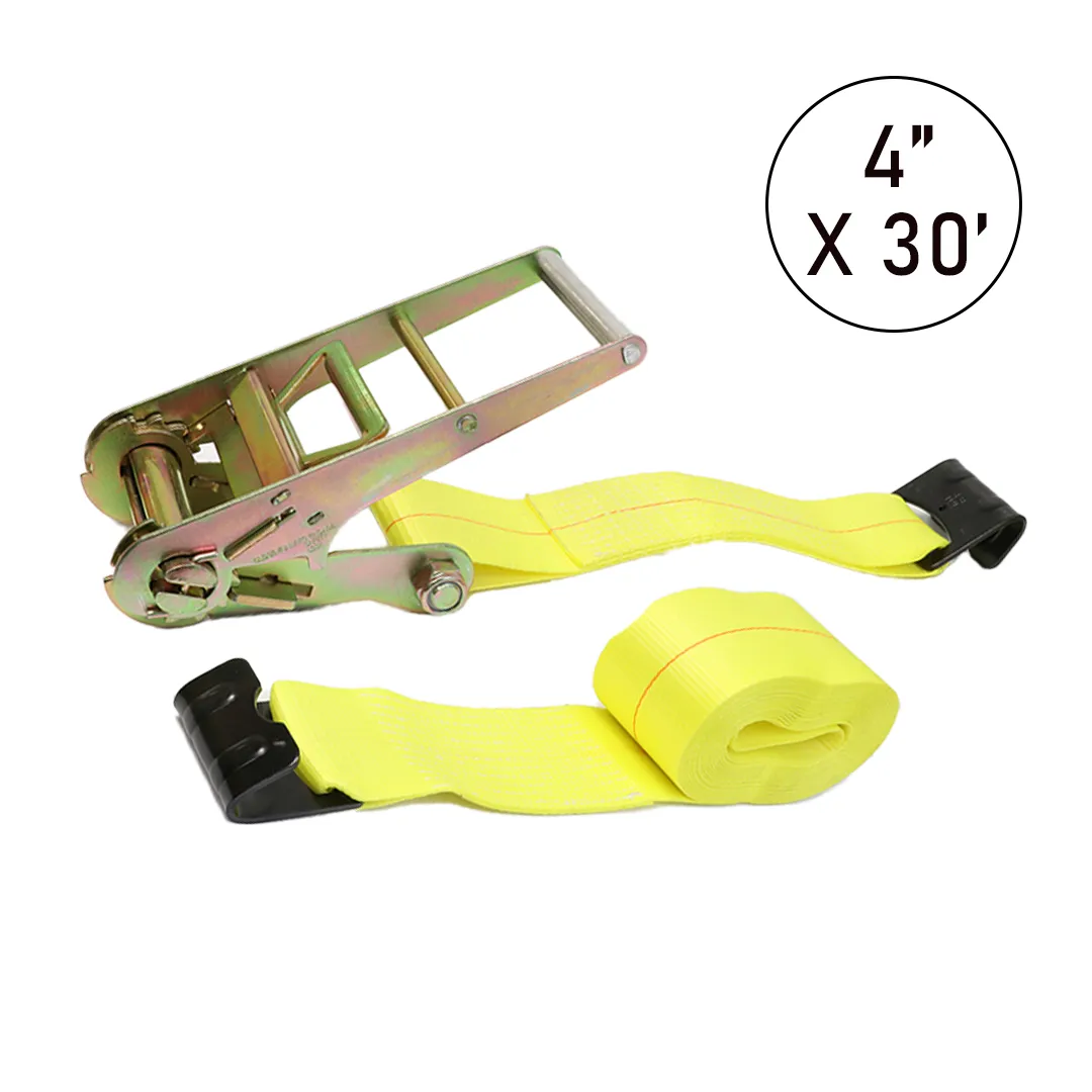 Boxer 4" x 30' Heavy-Duty Ratchet Tie Down with Flat Hooks - 16,200 lbs Breaking Strength