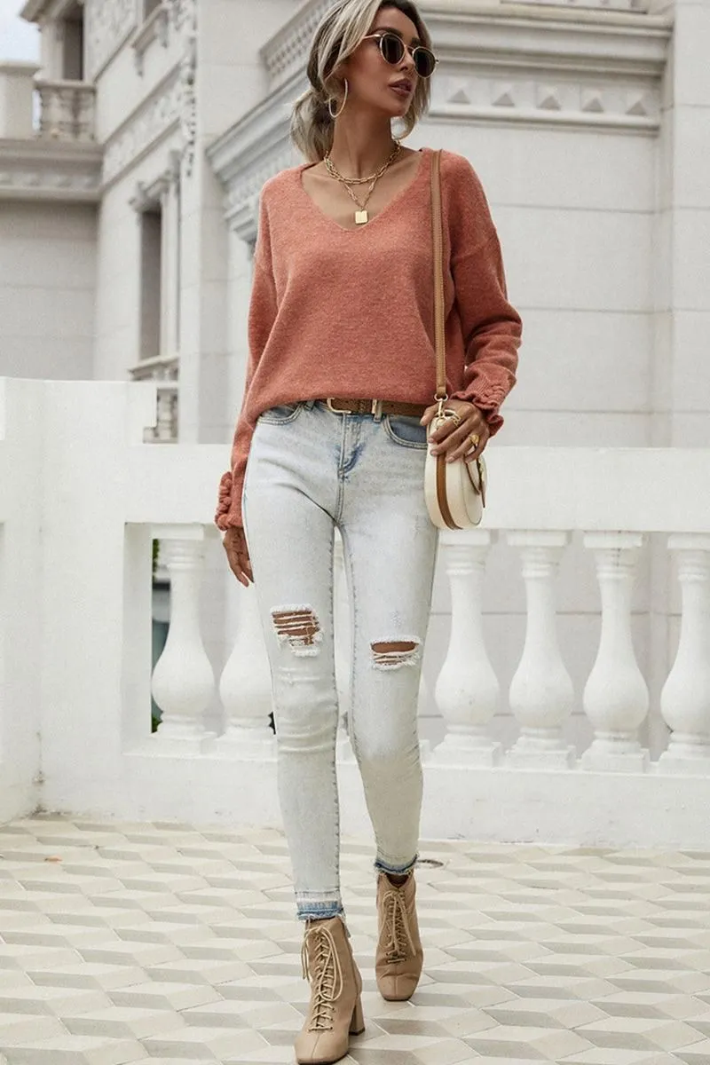 BUTTON LOOSE SOLID COLOR PULLOVER SWEATER