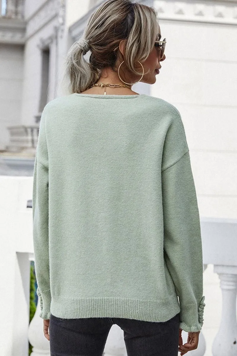 BUTTON LOOSE SOLID COLOR PULLOVER SWEATER