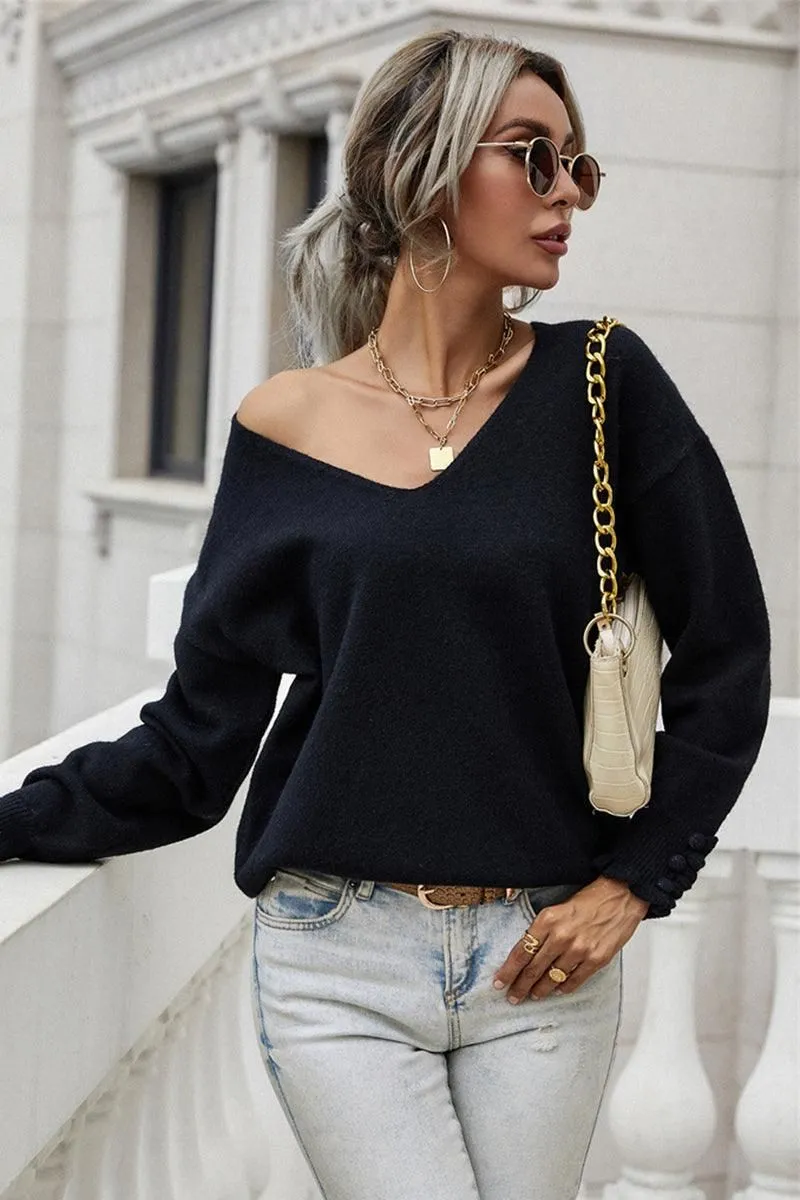 BUTTON LOOSE SOLID COLOR PULLOVER SWEATER