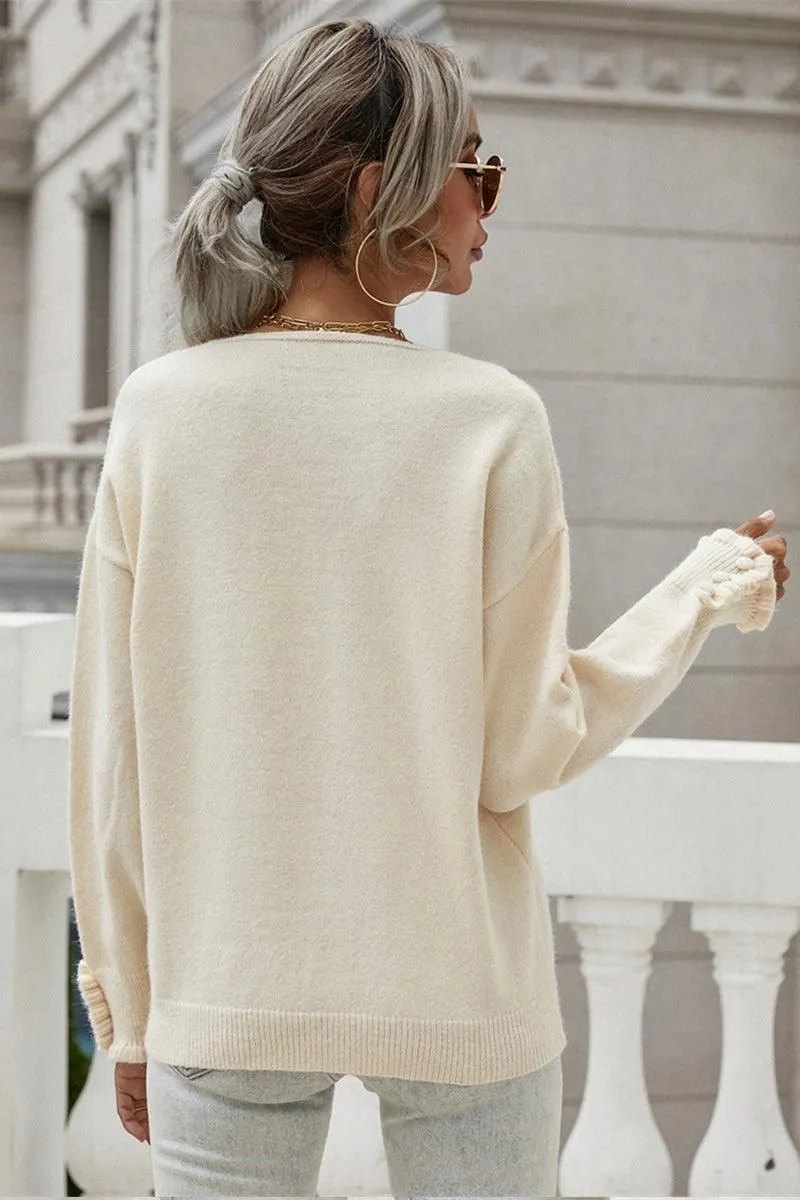 BUTTON LOOSE SOLID COLOR PULLOVER SWEATER