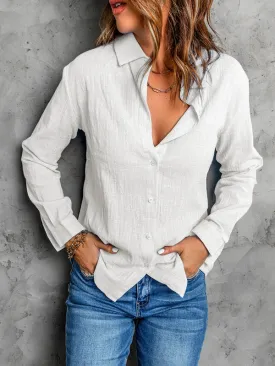 Casual Long Sleeves Loose Solid Color Lapel Collar Blouses