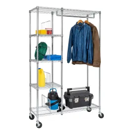 Chrome Rolling Closet with Garment Bar and Shelves