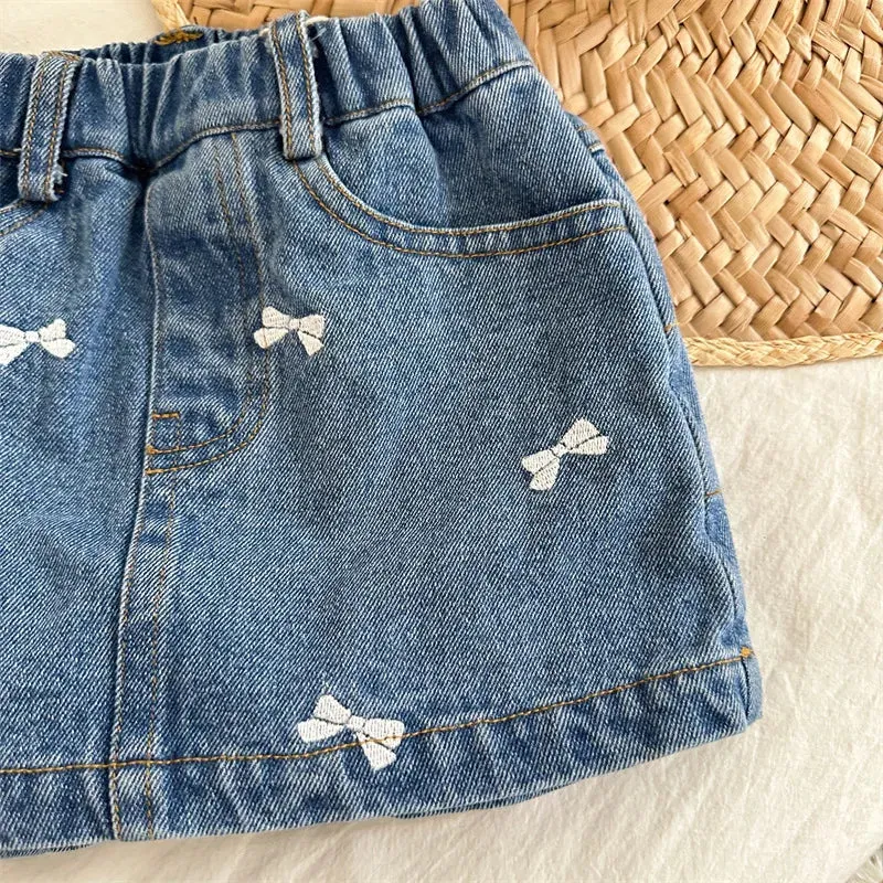 Cute Bow-Print Denim Skort