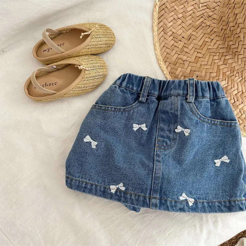 Cute Bow-Print Denim Skort