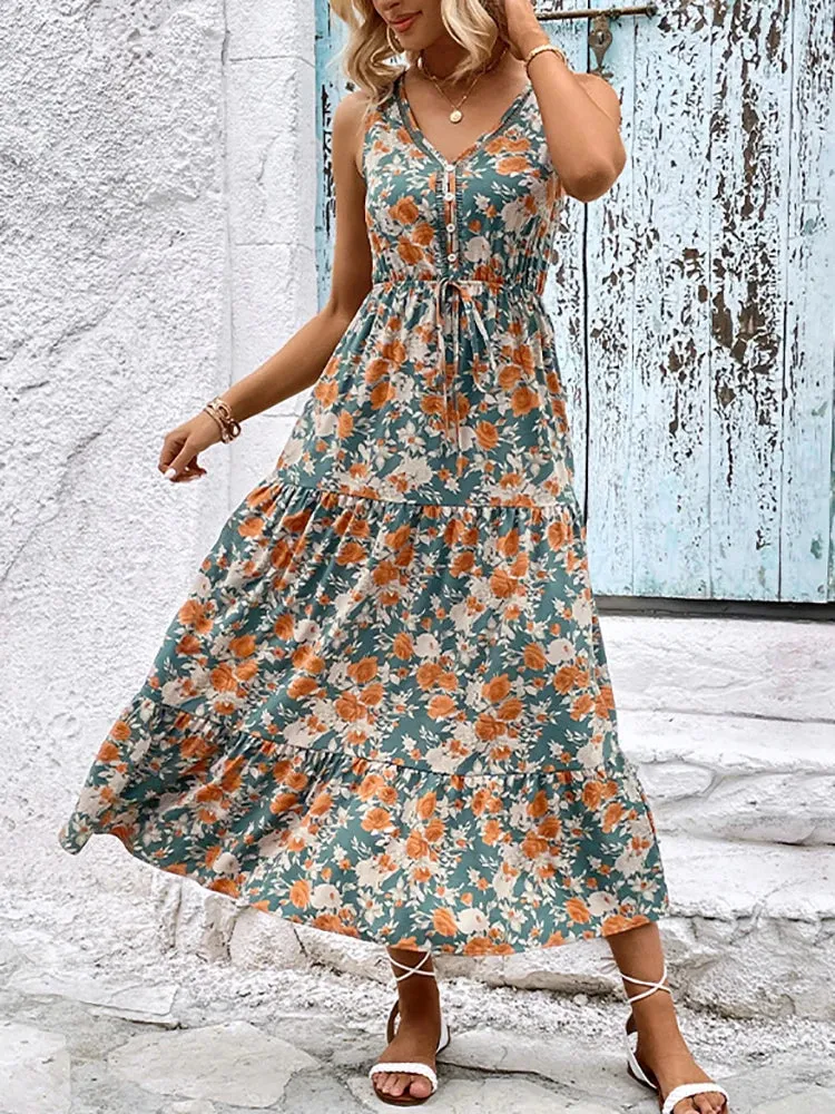 DressBetty - 2024 Elegant Floral Sleeveless Ruffle Boho Dress