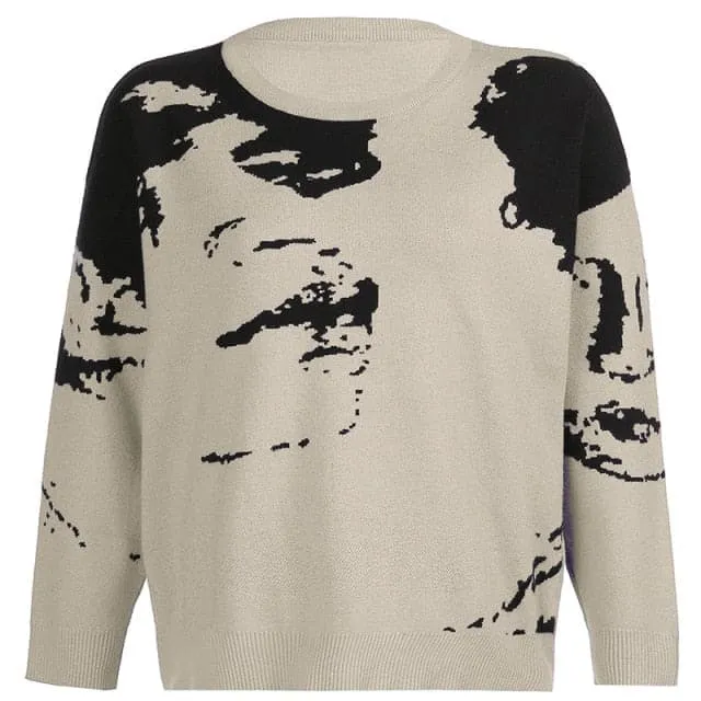 DressBetty - Loose Portrait Print Knitted Sweater