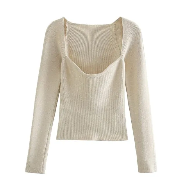 DressBetty - Stylish Chic Beige Knitted Cropped Blouses