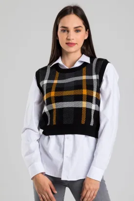 DressBetty - Women Black Plaid Pattern Crew Neck Knitwear Sweater Women’s Dress Toppies