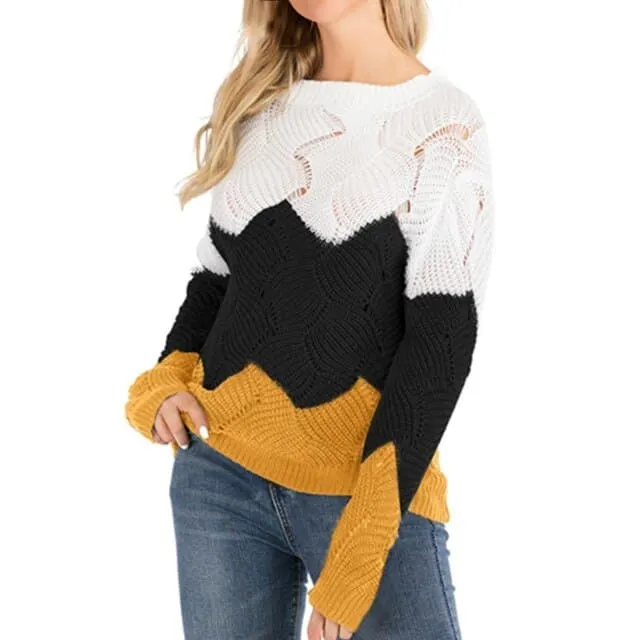 DressBetty - Women Crewneck Color Block Striped Sweater Long Sleeve Loose Knit Pullover Jumper Tops
 Sweater