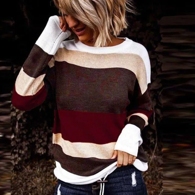 DressBetty - Women Striped Knitwear Sweater Spring Autumn New Round Neck Knitted Long Sleeve Casual O-neck Pullover