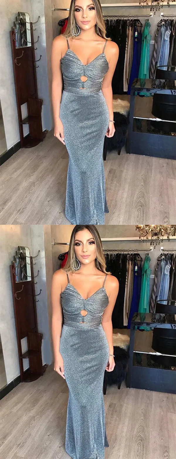 Elegant Grey Spaghetti Strap Tight Sheath Long Unique Prom Dresses, DB1114