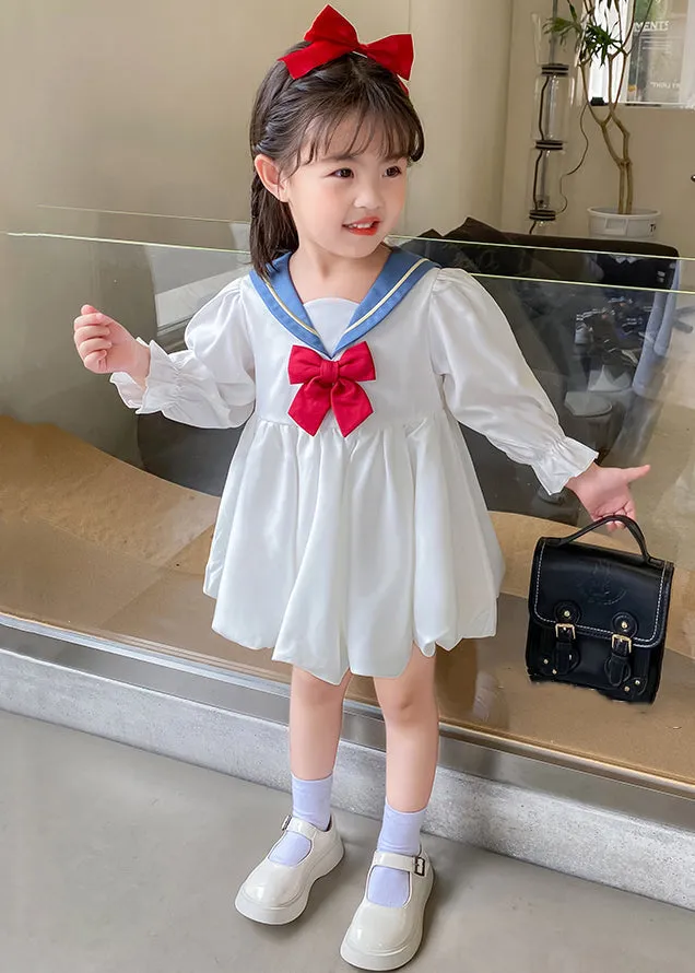 Elegant White Bow Solid Cotton Girls Mid Dresses Flare Sleeve XZ055