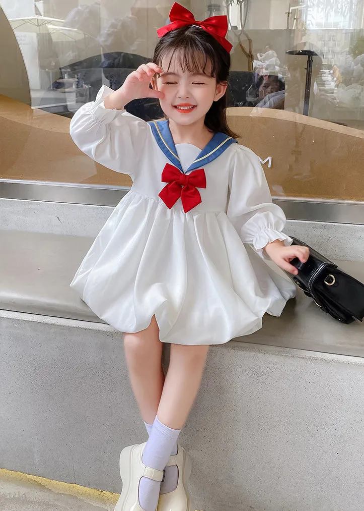 Elegant White Bow Solid Cotton Girls Mid Dresses Flare Sleeve XZ055