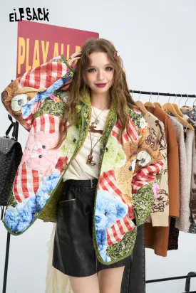 ELFSACK 2024 Winter New Arrivals Women's cotton jacket with bear print, both front and back, green fluffy and cute jacket