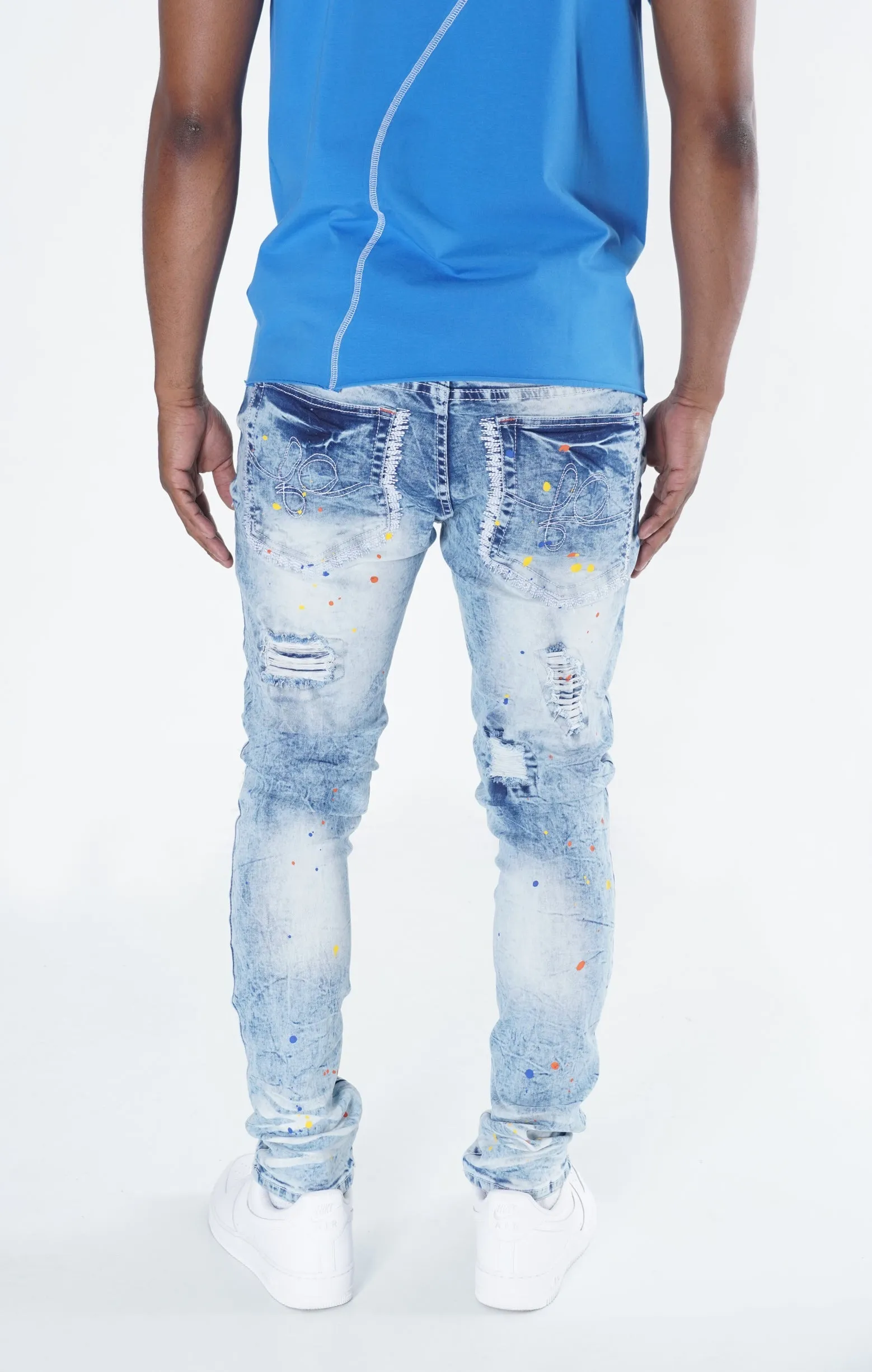 F1778  Frost Shredded Jeans w/ paint - Light Wash