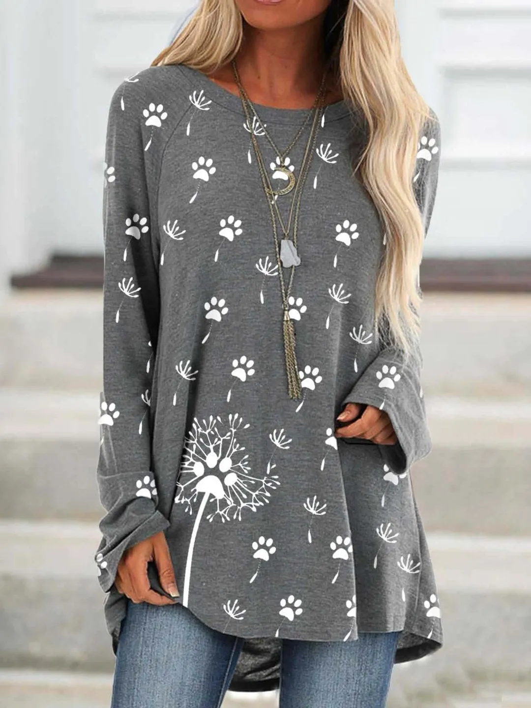 Fashion all-match printed long-sleeved round neck sweater