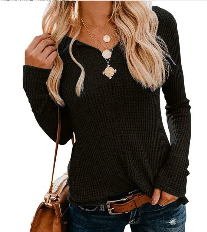 Fashion casual all-match solid color V-neck long-sleeved slim top