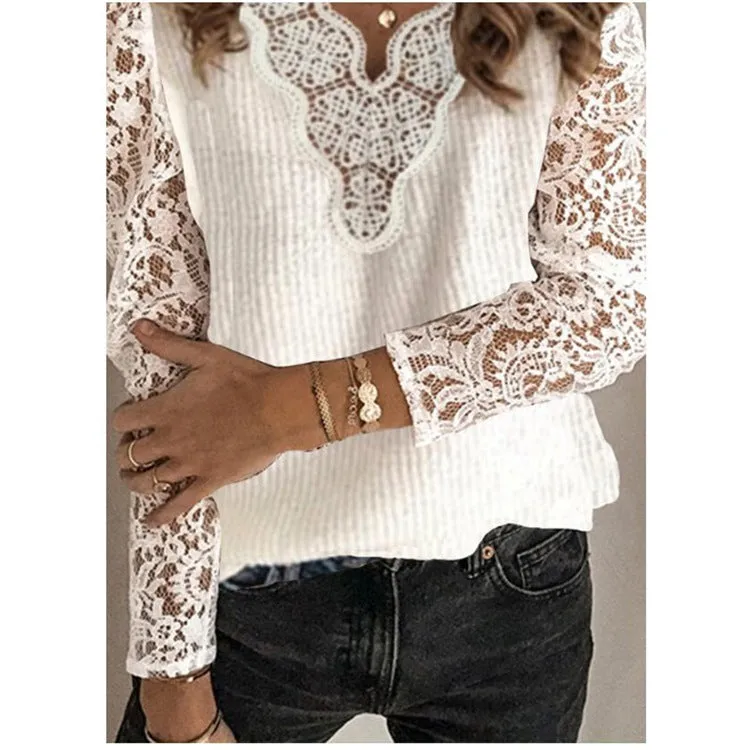 Fashion casual hollow pattern stitching lantern sleeve top