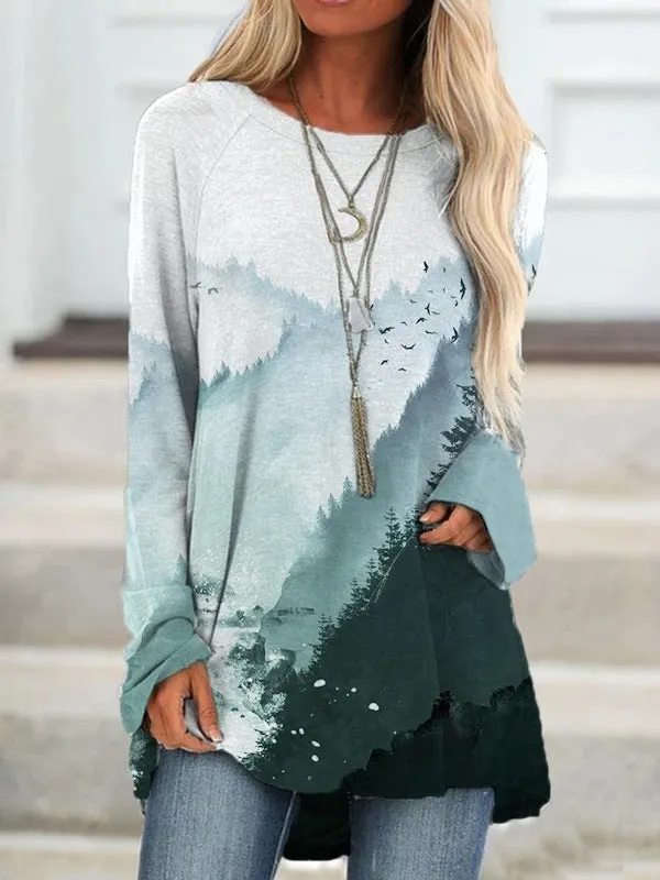 Fashion casual landscape print long-sleeved top pullover