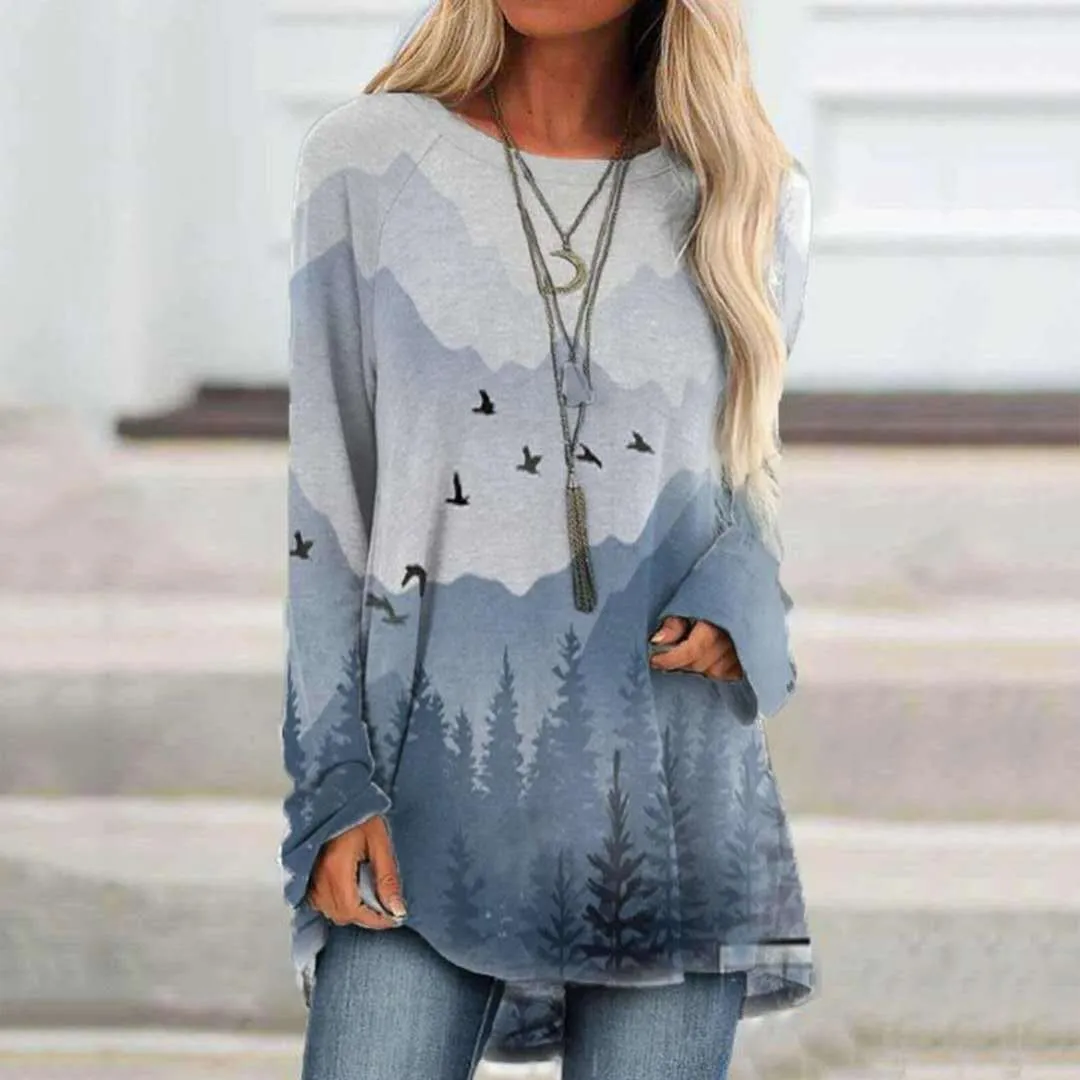 Fashion casual landscape print long-sleeved top pullover