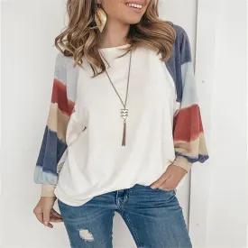 Fashion casual round neck watercolor lantern sleeve long sleeve top