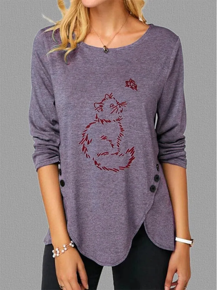 Fashion casual side button cat butterfly print long sleeve casual T-shirt women