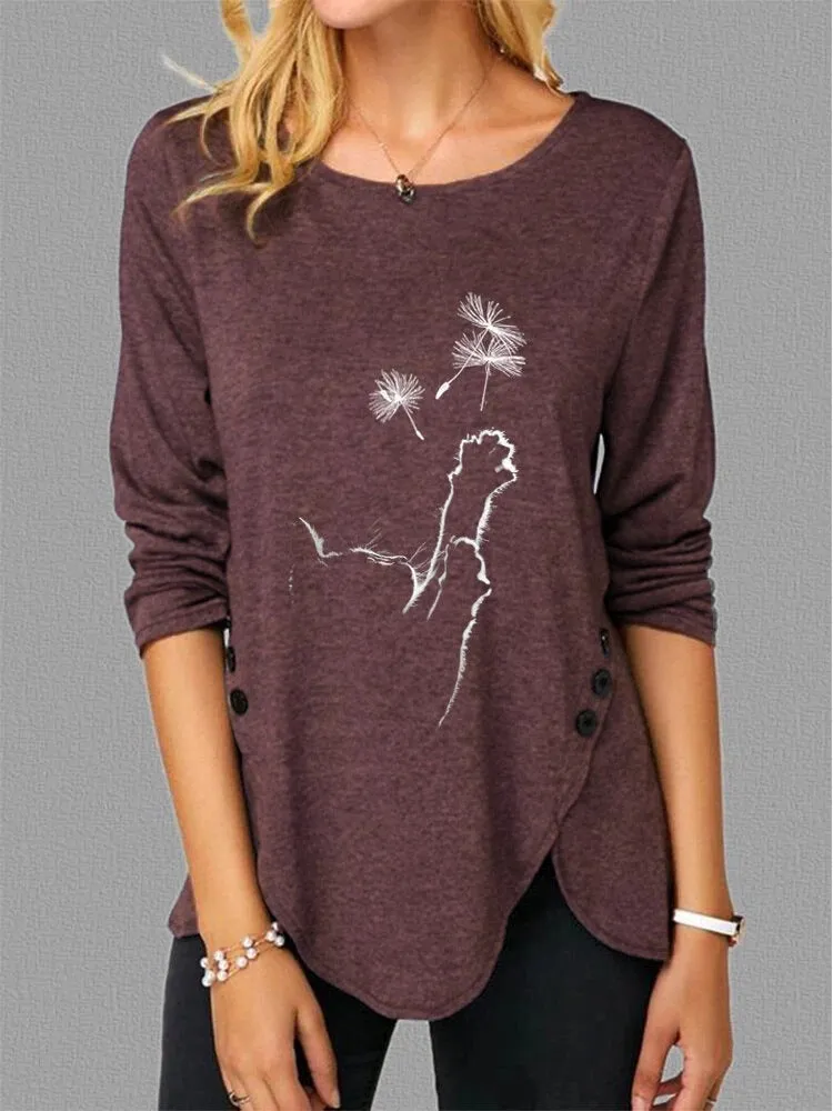 Fashion casual side button cat butterfly print long sleeve casual T-shirt women