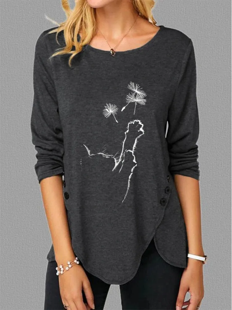 Fashion casual side button cat butterfly print long sleeve casual T-shirt women