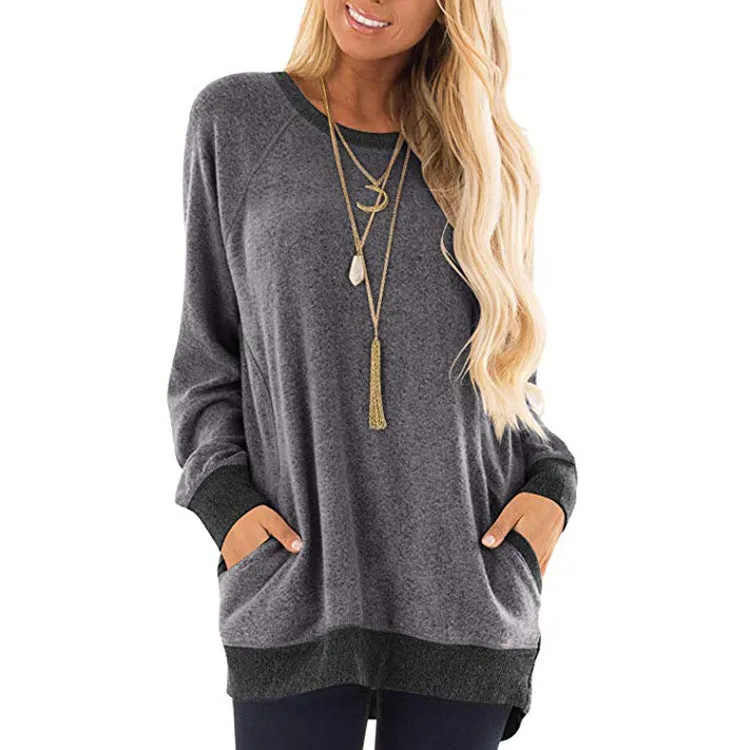 Fashion Contrast Pocket Sweater Long Sleeve Pullover Sweatshirt Casual T-shirt