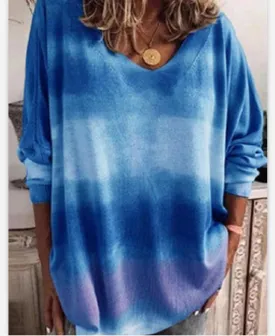 Fashion gradient tie-dye printing v-neck long-sleeved T-shirt top