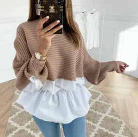 Fashion sexy waist waist mixed color hedging round neck long sleeves