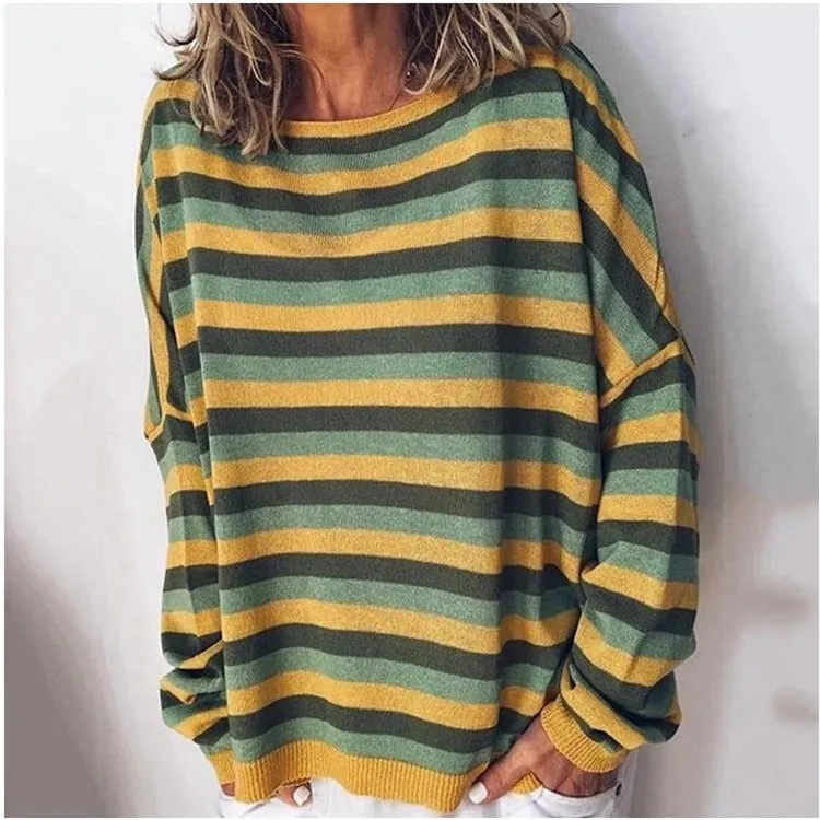 Fashion striped round neck long sleeve loose women's sweater