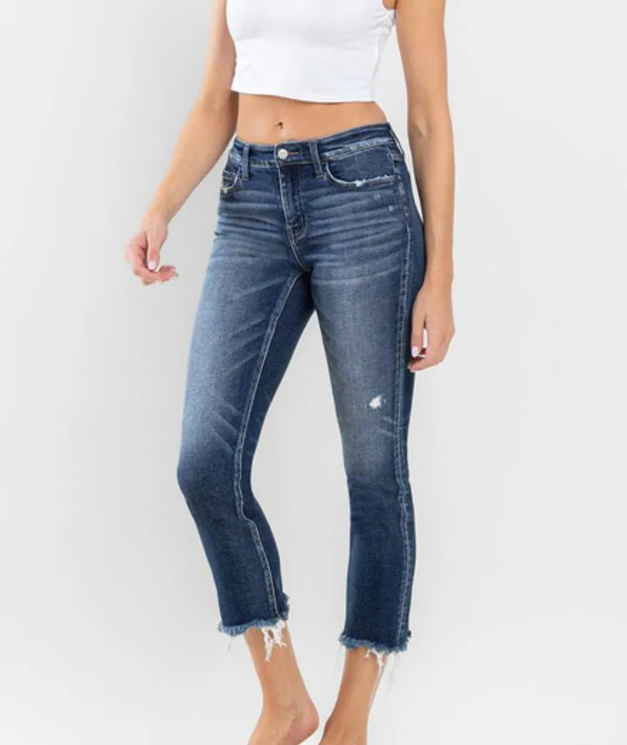 FINAL SALE - Flying Monkey Low Rise Crop Uneven Raw Hem Slim Straight Jeans