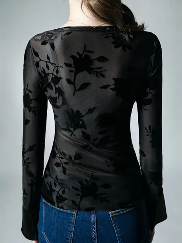 Flared Sleeves Long Sleeves Asymmetric Buttoned Flower Print Mesh See-Through V-neck Blouses&shirts Tops