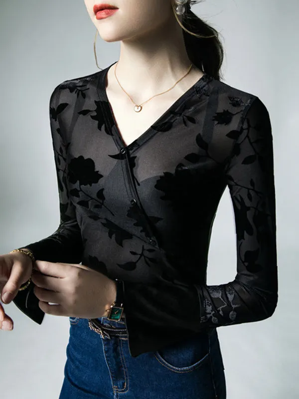 Flared Sleeves Long Sleeves Asymmetric Buttoned Flower Print Mesh See-Through V-neck Blouses&shirts Tops