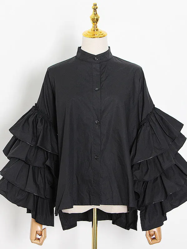 Flared Sleeves Long Sleeves Buttoned Layered Ruffled Solid Color Mock Neck Blouses&Shirts Tops