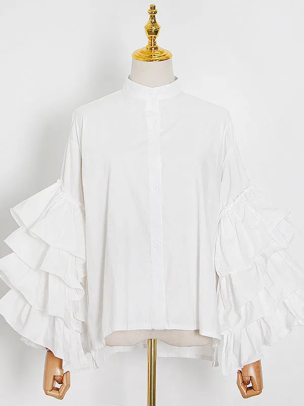 Flared Sleeves Long Sleeves Buttoned Layered Ruffled Solid Color Mock Neck Blouses&Shirts Tops