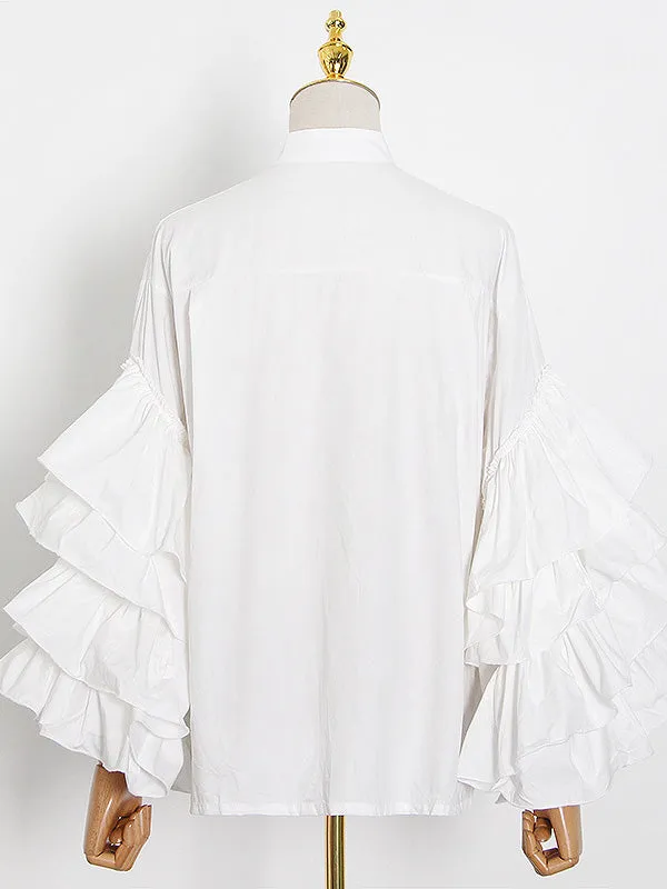 Flared Sleeves Long Sleeves Buttoned Layered Ruffled Solid Color Mock Neck Blouses&Shirts Tops