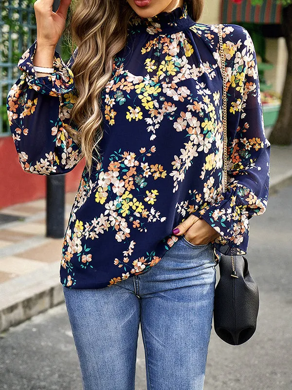 Flared Sleeves Long Sleeves Elasticity Flower Print Round-Neck Blouses&Shirts Tops