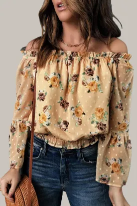 Floral Long Bell Sleeves Crop Top for Women - Yellow